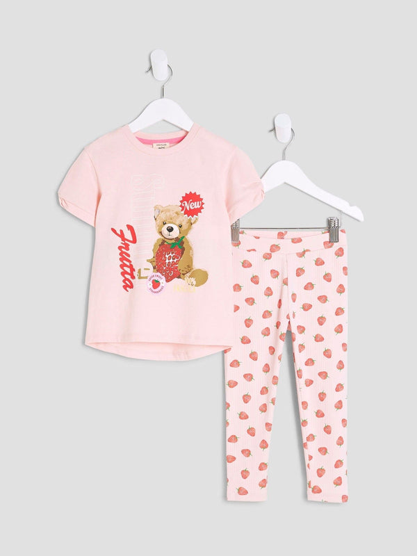 River Island Pink Strawberry Bear Top & Leggings Set