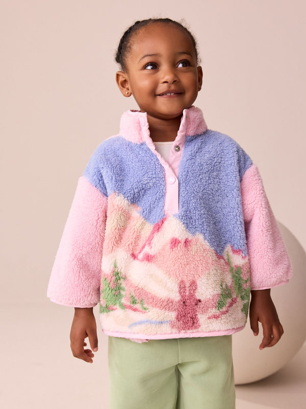 Pink/Blue Bunny Scene Half Popper Fleece (3mths-7yrs)