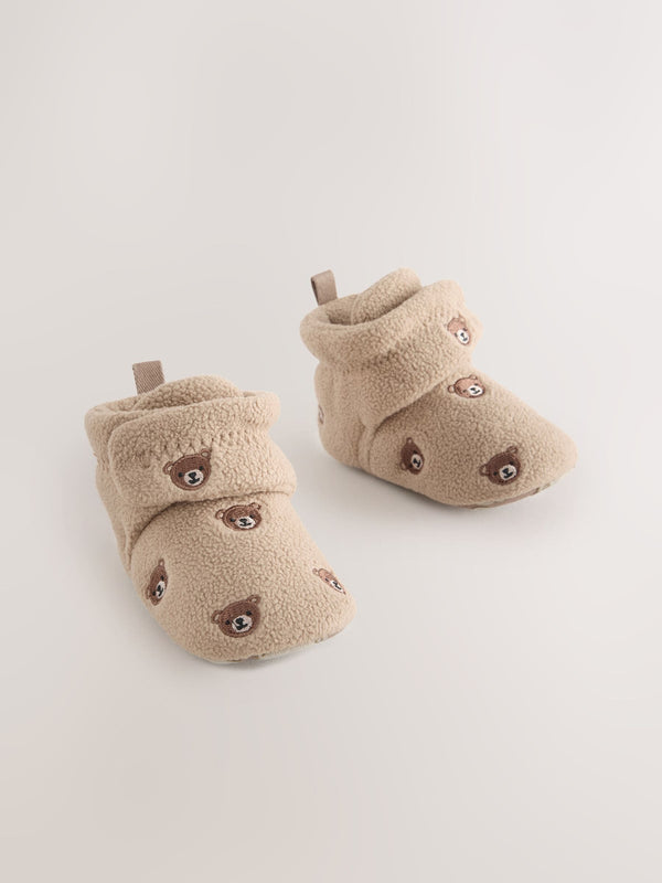 Neutral Brown Bear Print Baby Touch Fastening Slipper Boots (0-2mths)