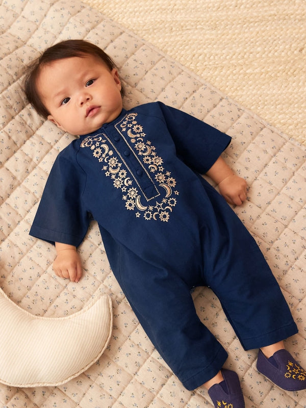 Navy Occasion Linen Blend Baby Romper