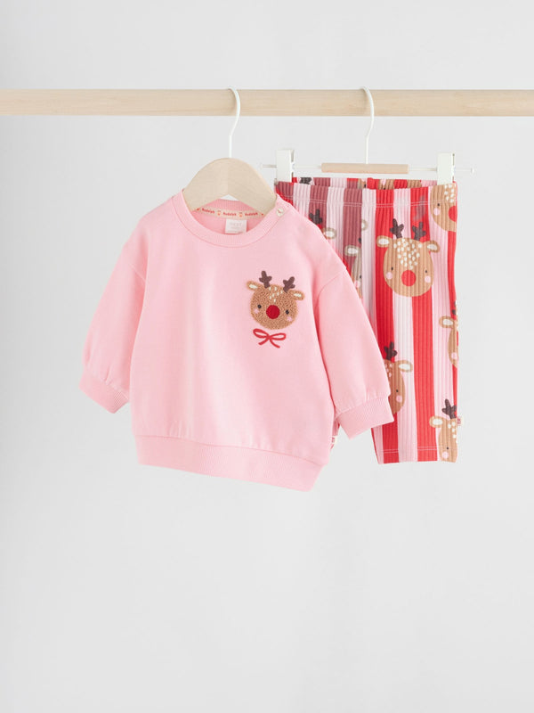 Red/Pink Reindeer Delicate All Over Printed Christmas Baby Sweat and Jogger Set (0mths-2yrs)