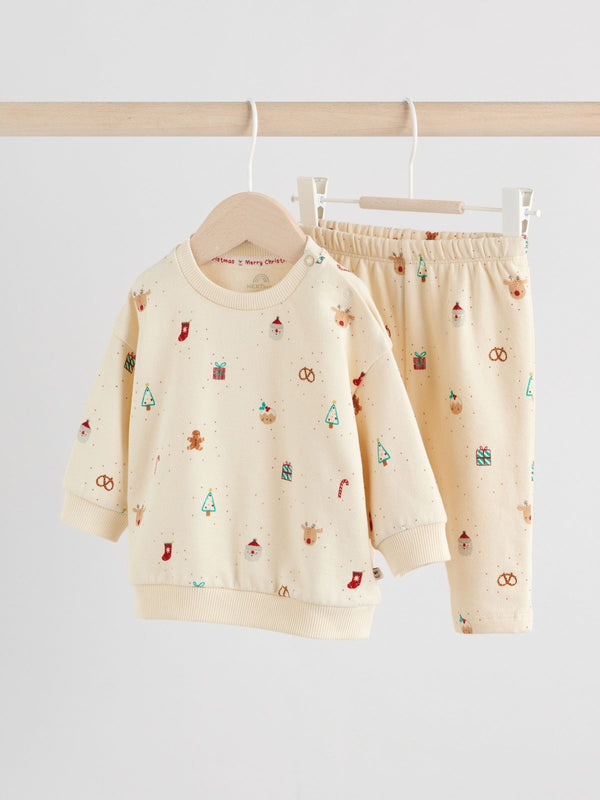 Cream Delicate All Over Printed Christmas Baby Sweat and Jogger Set (0mths-2yrs)