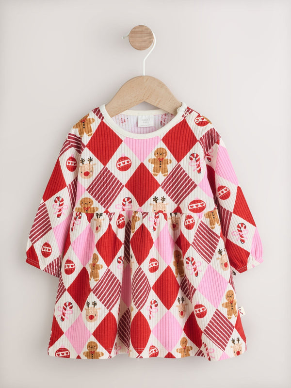 Red/Pink Harlequin Character Baby Christmas Jersey Dress (0mths-2yrs)