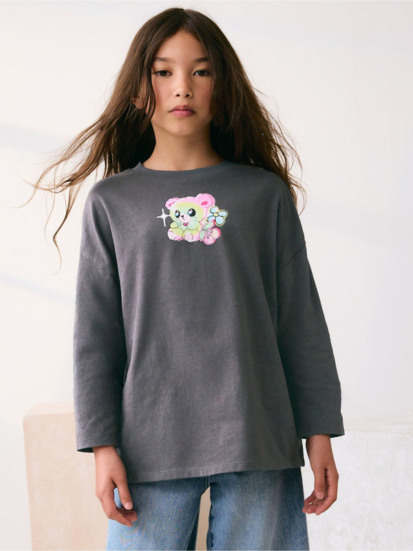 Charcoal Grey Bear Long Sleeve Graphic Top (3-16yrs)