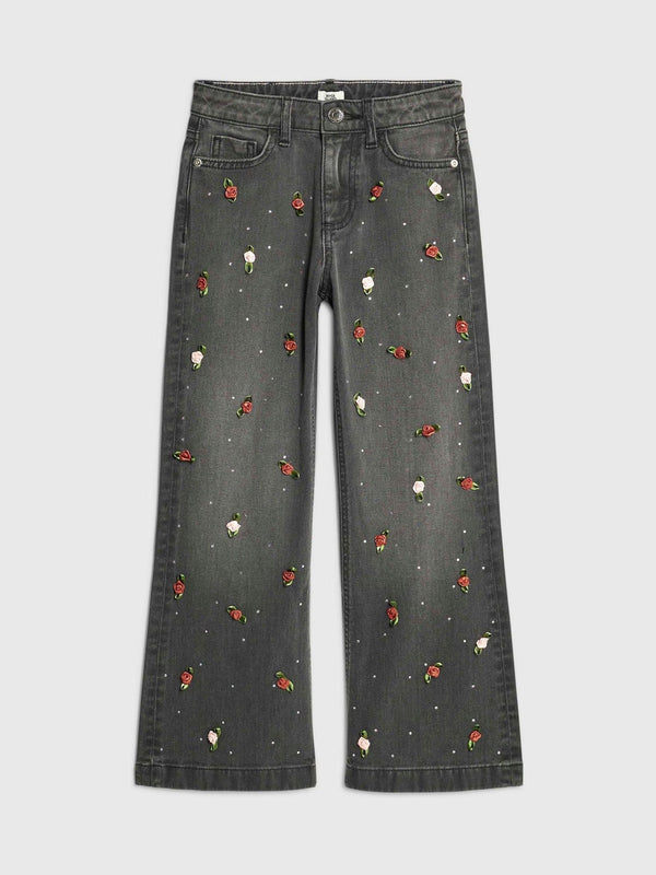 River Island Black Girls 3D Rose Wide Leg Jeans
