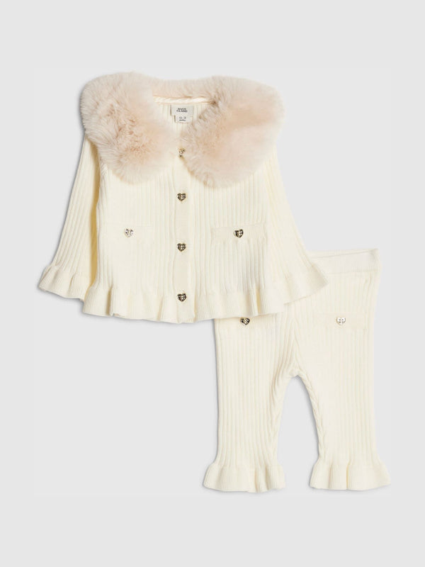 River Island Cream Baby Girls Fur Collar Cardigan and Trouser Set