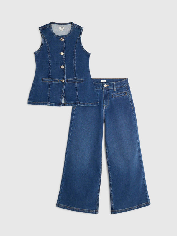 River Island Blue Girls Mid Wash Wide Leg & Waistcoat Set