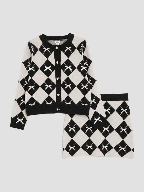 River Island Black Girls Argyle Cardigan and Skirt Set