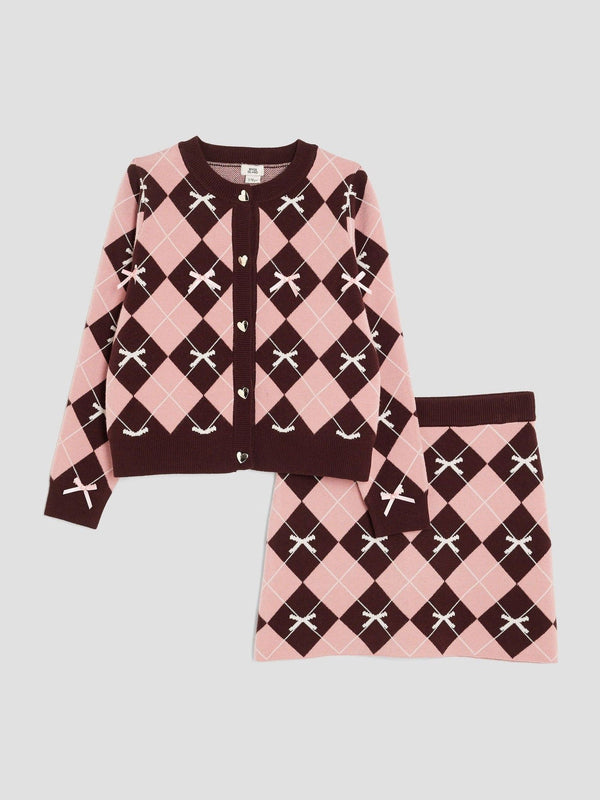 River Island Pink Girls Argyle Cardigan and Skirt Set