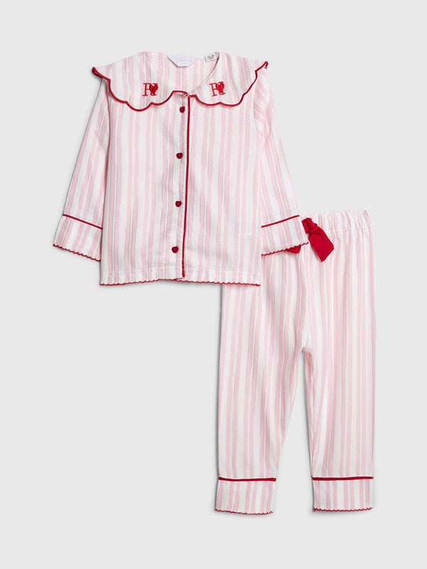 River Island Pink Younger Girls Long Sleeve Stripe Scallop Collar Pyjamas