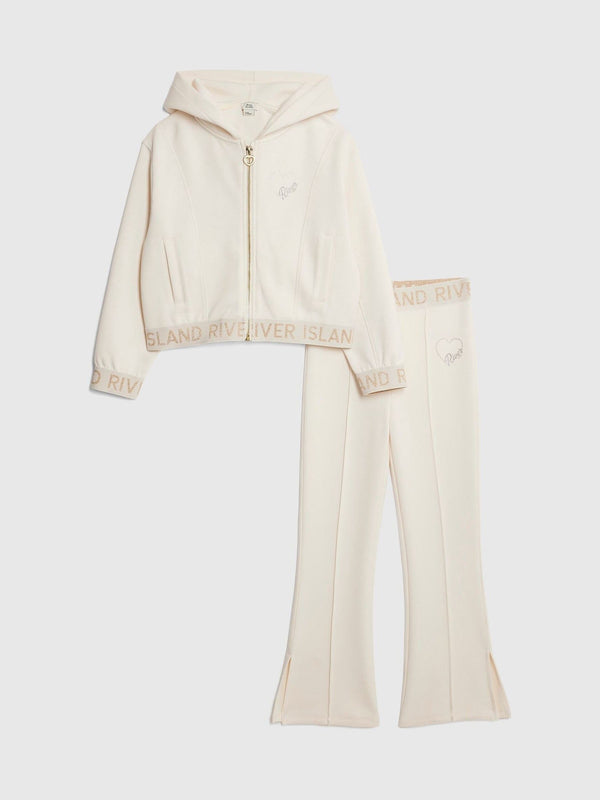 River Island Cream Girls Premium Essentials Zip Through & Kickflare Set