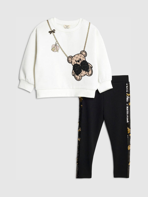 River Island White Mono Bear Sequin Sweatshirt & Leggings Set
