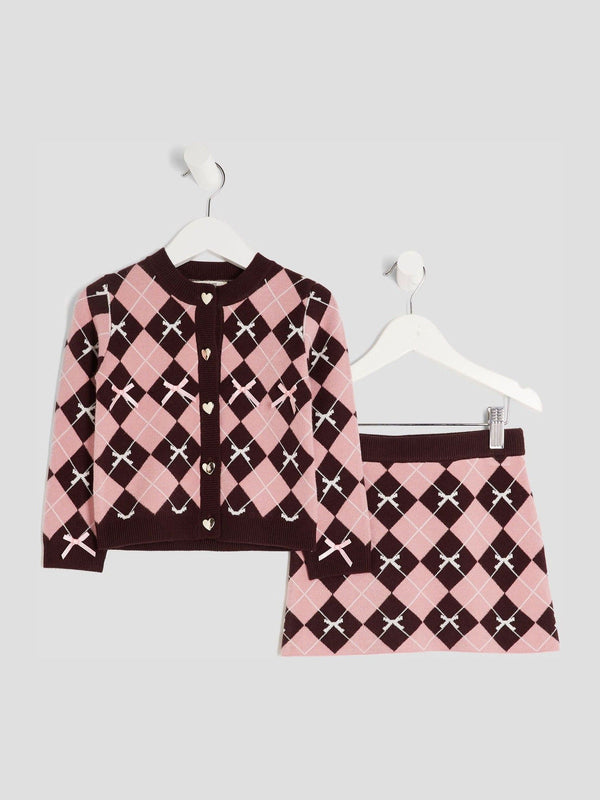 River Island Pink Argyle Cardigan & Skirt Set