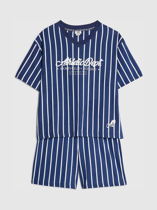 River Island Blue Short Sleeve Stripe Pyjama T-Shirt & Shorts Set