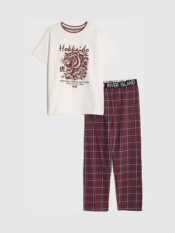 River Island Red Japanese T-Shirt & Waistband Check Trousers Set
