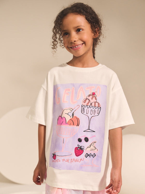 Gelato Ecru White Oversized Graphic Print T-Shirt (3-16yrs)