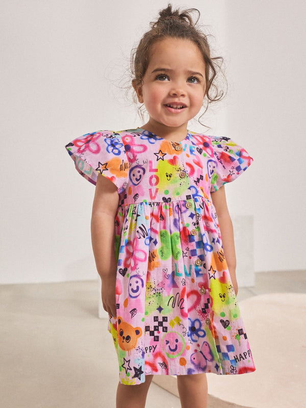 Multi Pink Graffiti Button Up Summer Dress (3mths-10yrs)