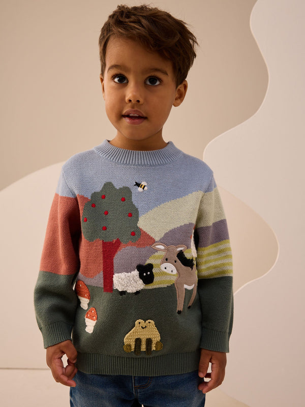 Green/Blue Farm Scene Knitted Jumper (3mths-7yrs)