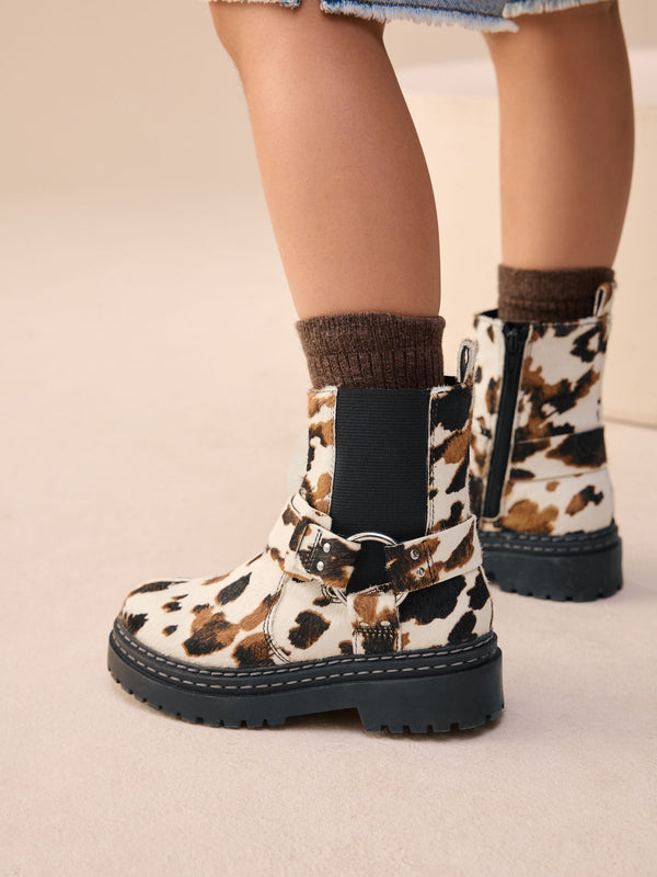 Cow Print Standard Fit (F) Leather Chunky Harness Boots