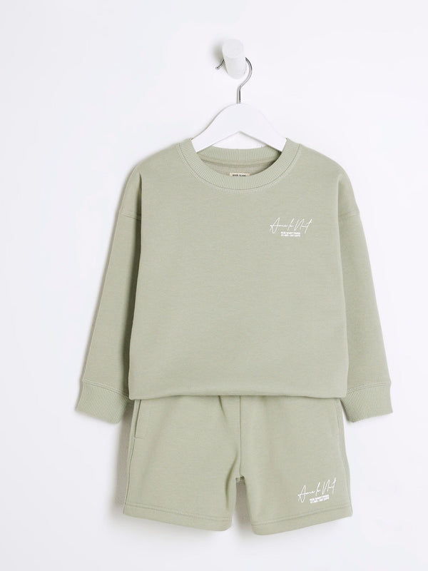 River Island Green Ame Le Nuit Crew 100% Cotton Shorts Set