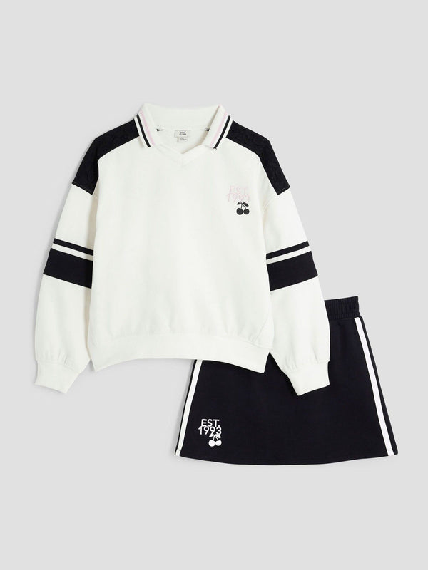 River Island White Girls Collar 100% Cotton Sweat and Skirt Set