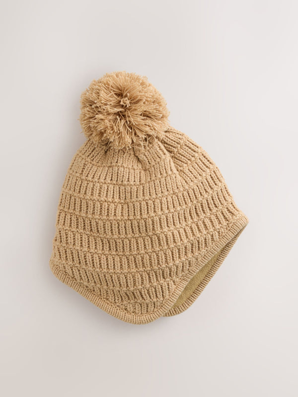 Natural Borg Baby Knitted Trapper Hat With Pom (0mths-2yrs)