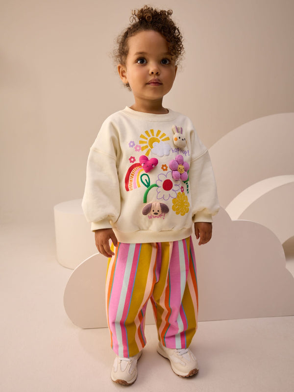 Cream Stripe Padded Characters Sweatshirt and Barrel Leg Joggers Set (3mths-7yrs)