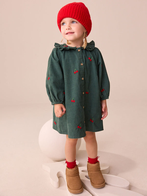 Dark Green Cherry Embroidered Cord Long Sleeve Dress (3mths-8yrs)