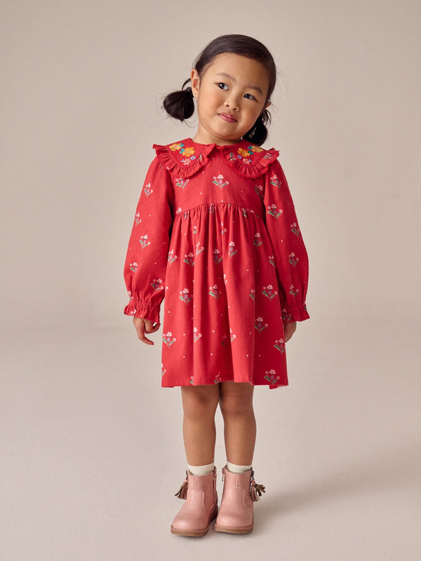 Red Ditsy Collar Long Sleeve Dress (3mths-8yrs)