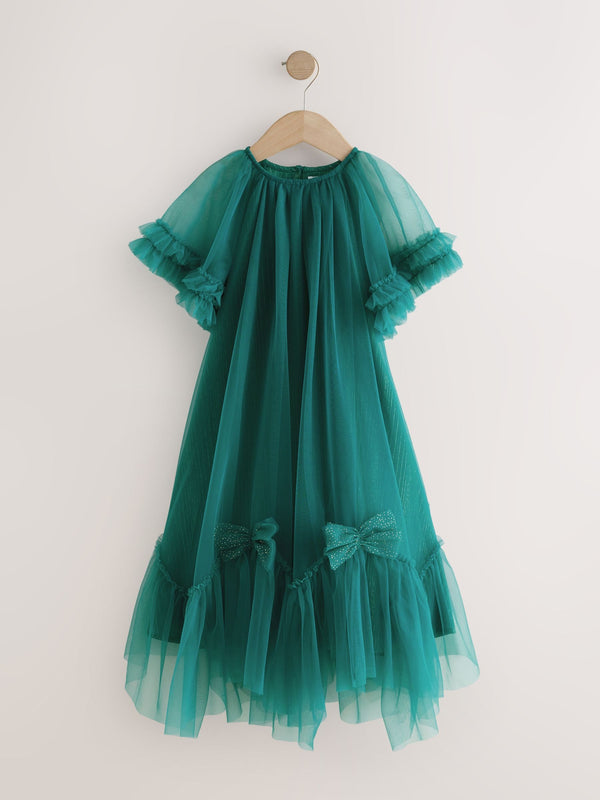 Green Mesh Bow Occasion Dress (3-16yrs)