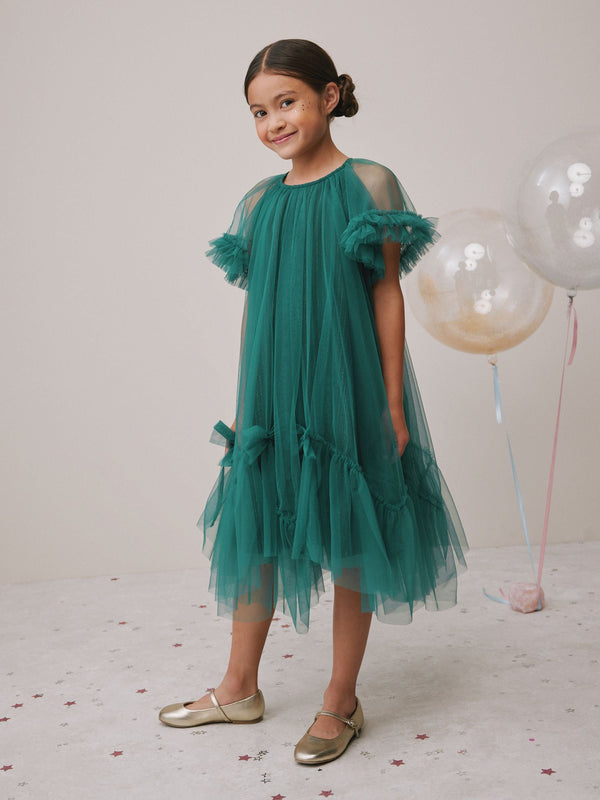 Green Mesh Bow Occasion Dress (3-16yrs)