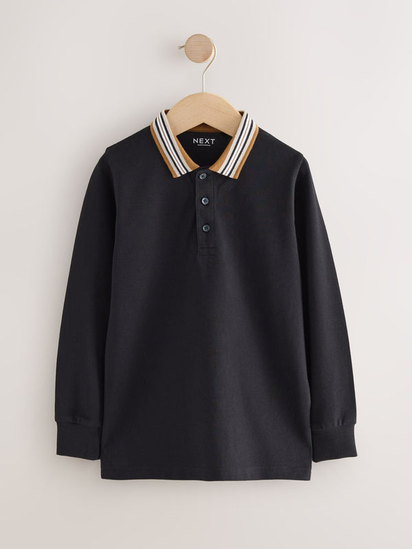 Black/Tan Stripe Tipped Collar Long Sleeve Polo Shirt (3-16yrs)