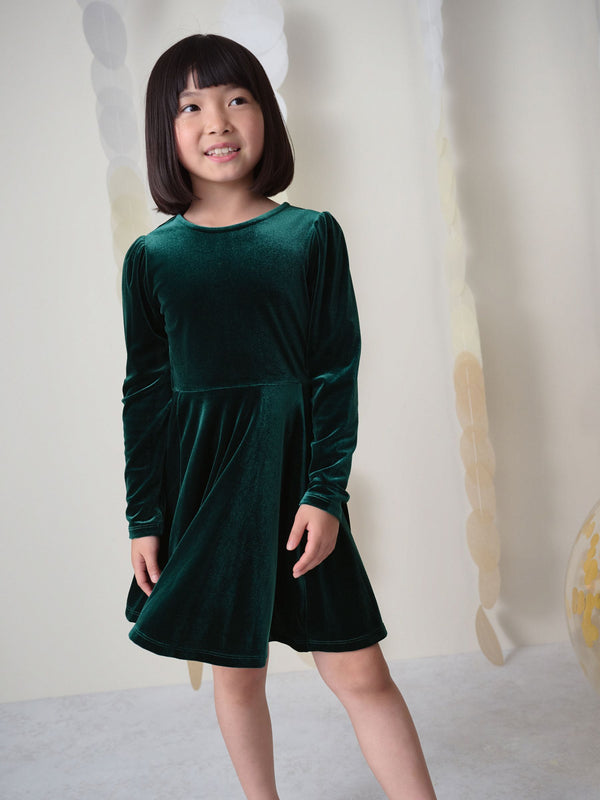 Dark Green Long Sleeve Velvet Dress (3-16yrs)