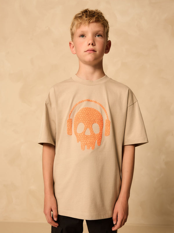 Stone/Orange Skull Relaxed Fit Short Sleeve Graphic Print T-Shirt (3-16yrs)