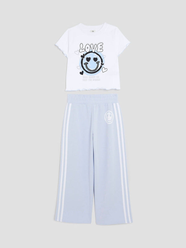 River Island Blue Girls 100% Cotton Smiley Track Pants Set