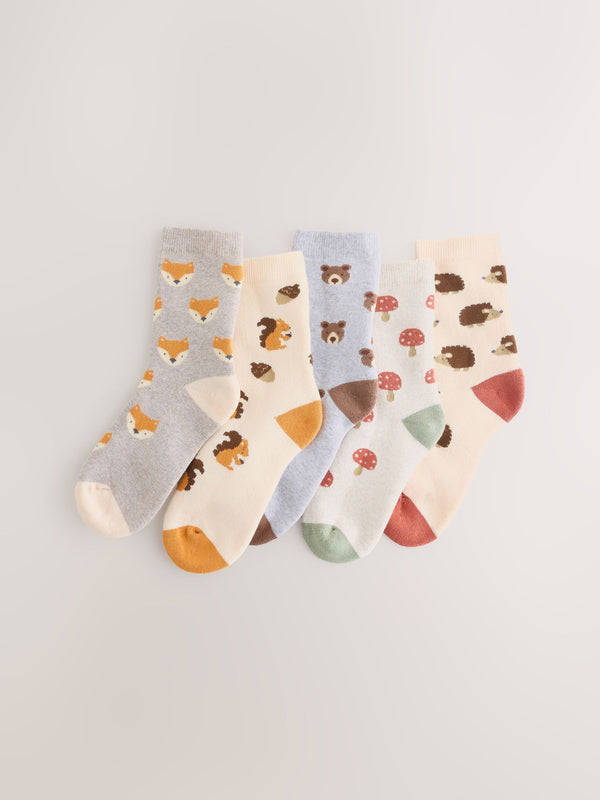 Ecru Woodland Animals Cosy Terry Cotton Rich Socks 5 Pack