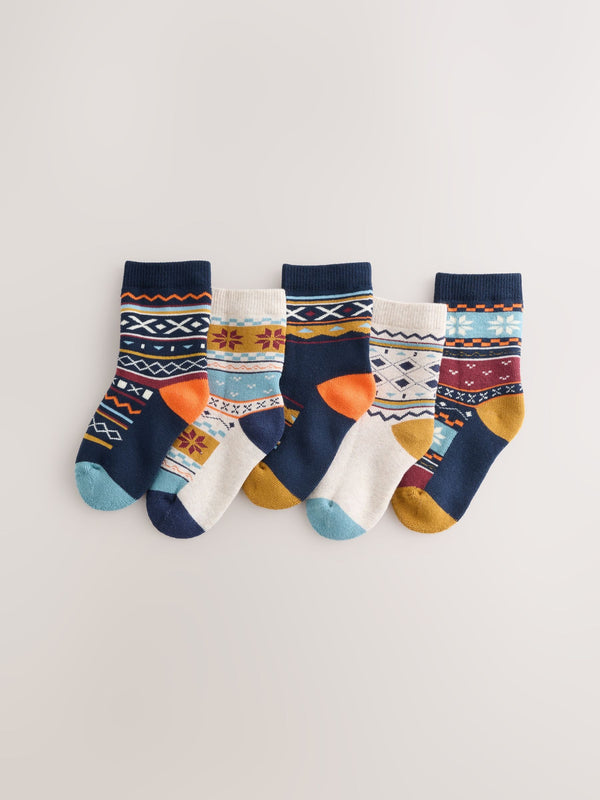 Navy Blue Fairisle Cosy Terry Cotton Rich Socks 5 Pack