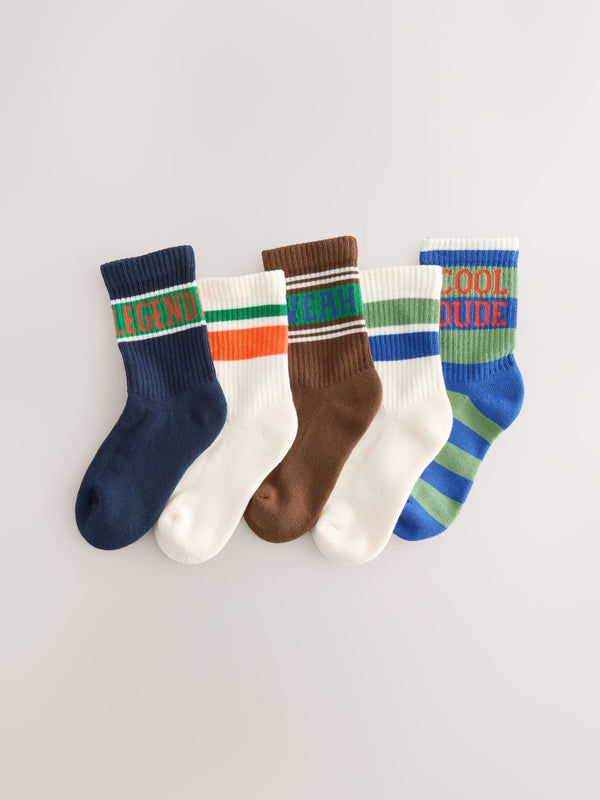 Ecru/Brown Slogan Stripe Cushioned Footbed Cotton Rich Ribbed Socks 5 Pack
