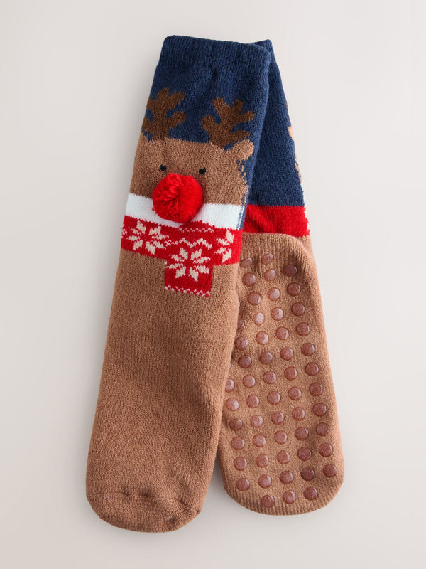 Brown/Navy Reindeer Christmas Cosy Socks 1 Pack