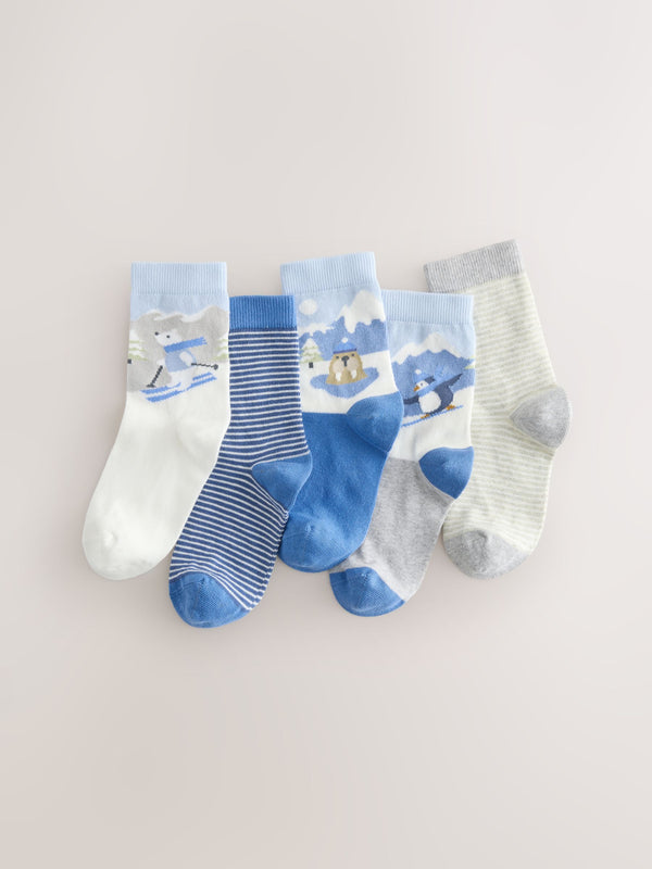 Blue Christmas Cotton Rich Socks 5 Pack
