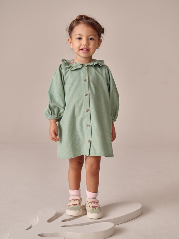 Sage Green Cord Long Sleeve Dress (3mths-8yrs)
