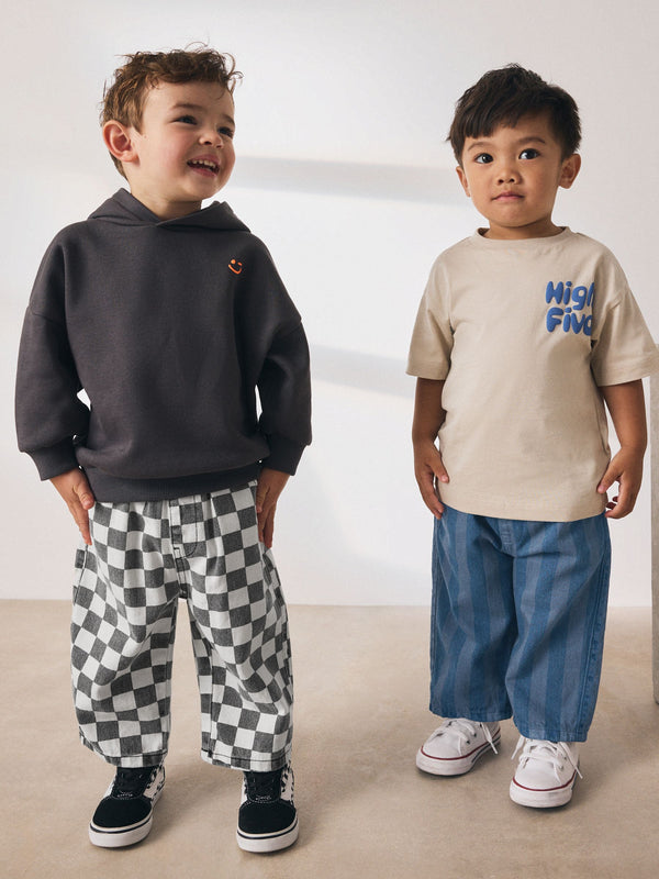 Checkerboard/Blue Stripe Pull On Wide Trousers 2 Pack (3mths-7yrs)