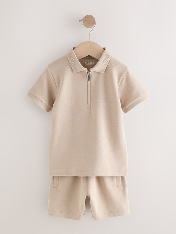 Neutral Textured Short Sleeve Zip Neck Polo Shirt And Shorts Set (3mths-7yrs)