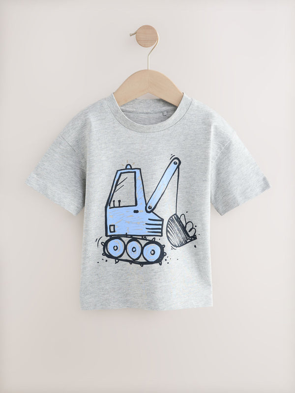 Grey Marl Blue Digger Short Sleeve Transport T-Shirt (3mths-7yrs)