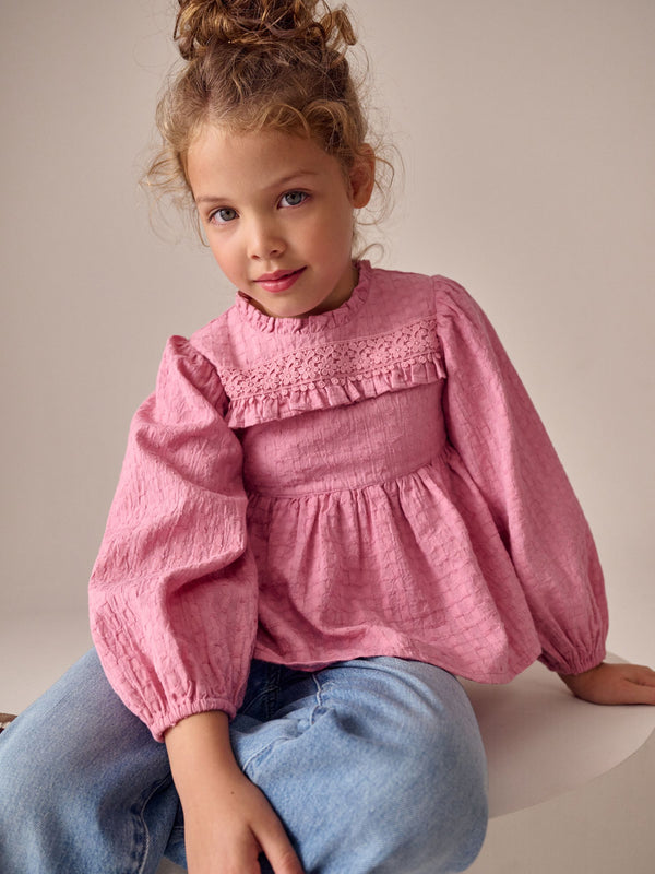 Pink Long Sleeve Ruffle Blouse (3-16yrs)