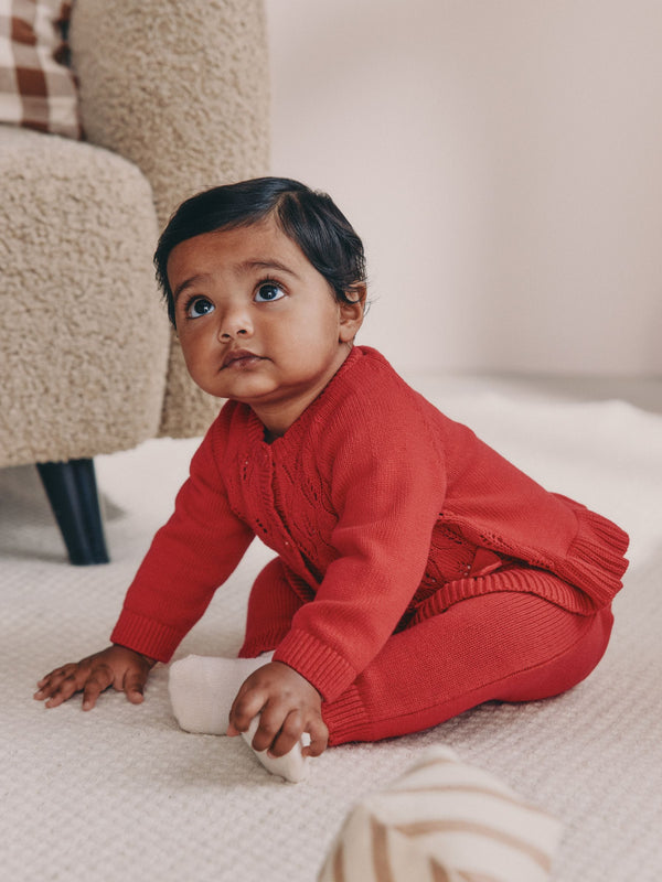 Red Frill Knitted Bow Baby Cardigan Set (0mths-3yrs)
