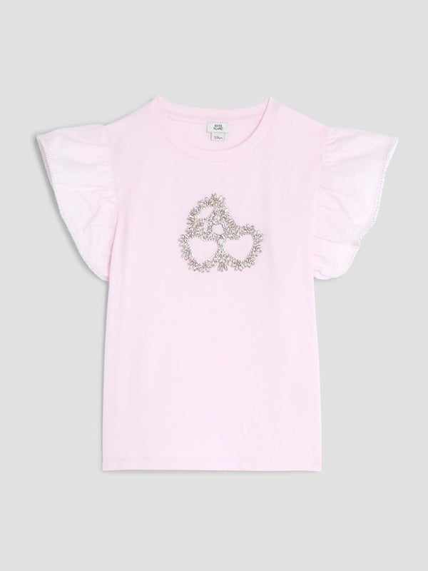 River Island Pink Girls Frill Sleeve Embellished 100% Cotton T-Shirt