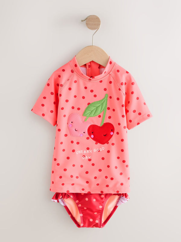 Burgundy Red Cherry Short Sleeved Sunsafe Swim Set (3mths-10yrs)