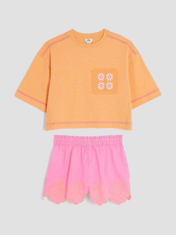 River Island Pink Crochet Pocket Shorts Set