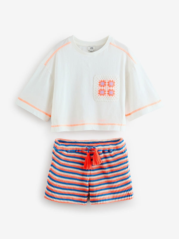 River Island White Crochet Pocket Shorts Set